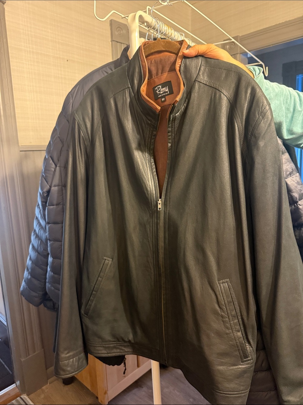 Remy Leather Black Leather Bomber with Brown Trim